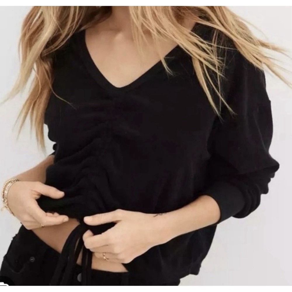 Aerie‎ Towel Terry Cinch Sweatshirt Black Sz M Cropped Loungewear Thermal Cozy